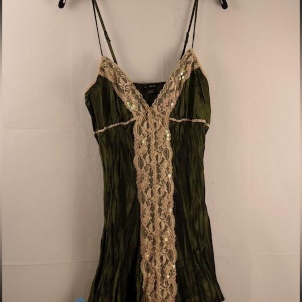 Vintage Fang Brand Olive Silnky Lace Beaded Camisole Size XL - Picture 1 of 4